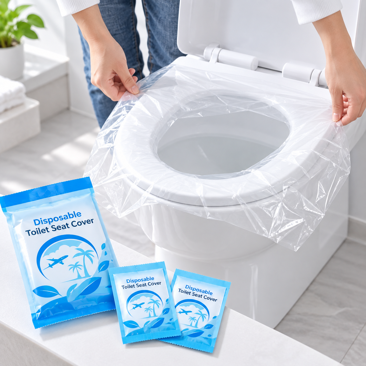 Hands placing a clear disposable toilet seat cover over a white seat, with three blue packages beside it