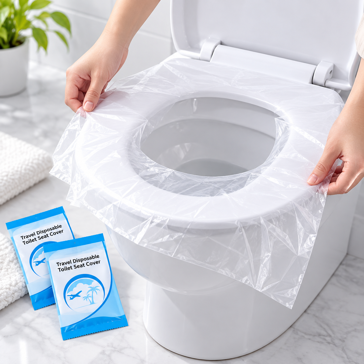 Hands adjusting a transparent toilet seat cover around the seat edges, with two blue travel packs nearby