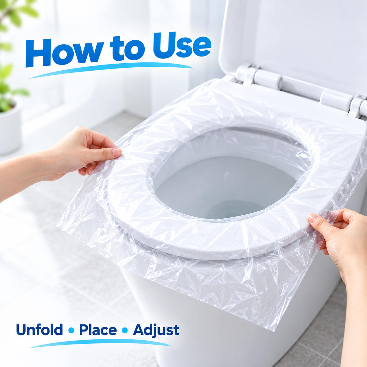 Disposable toilet seat cover instructions showing hands positioning the cover: unfold, place and adjust