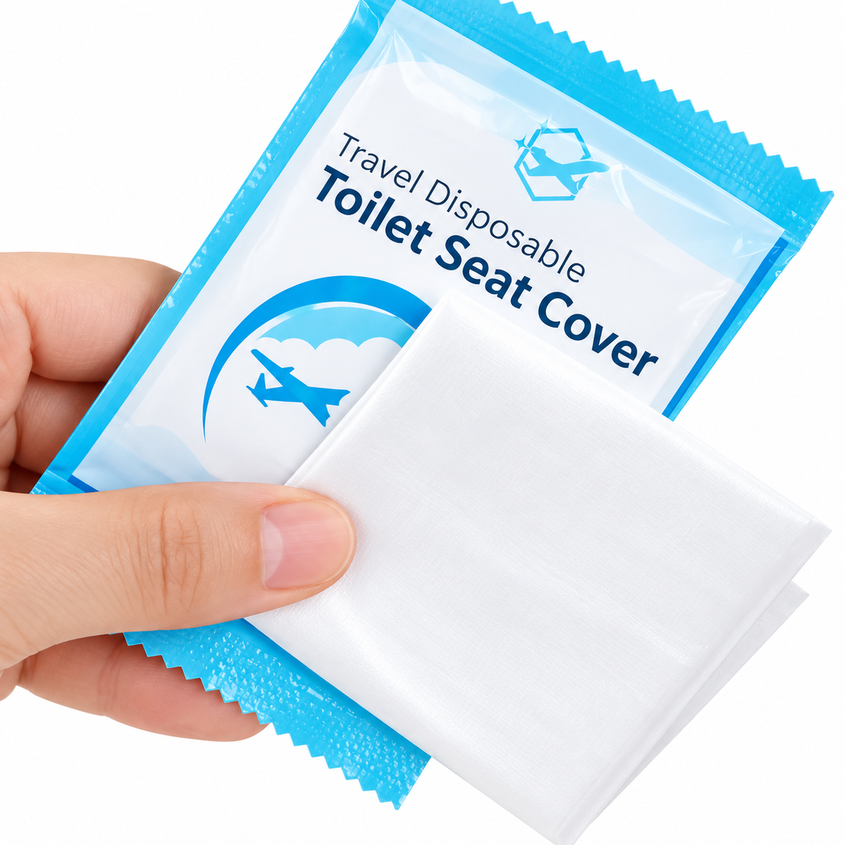 Hand holding a folded white disposable toilet seat cover beside its blue travel packaging