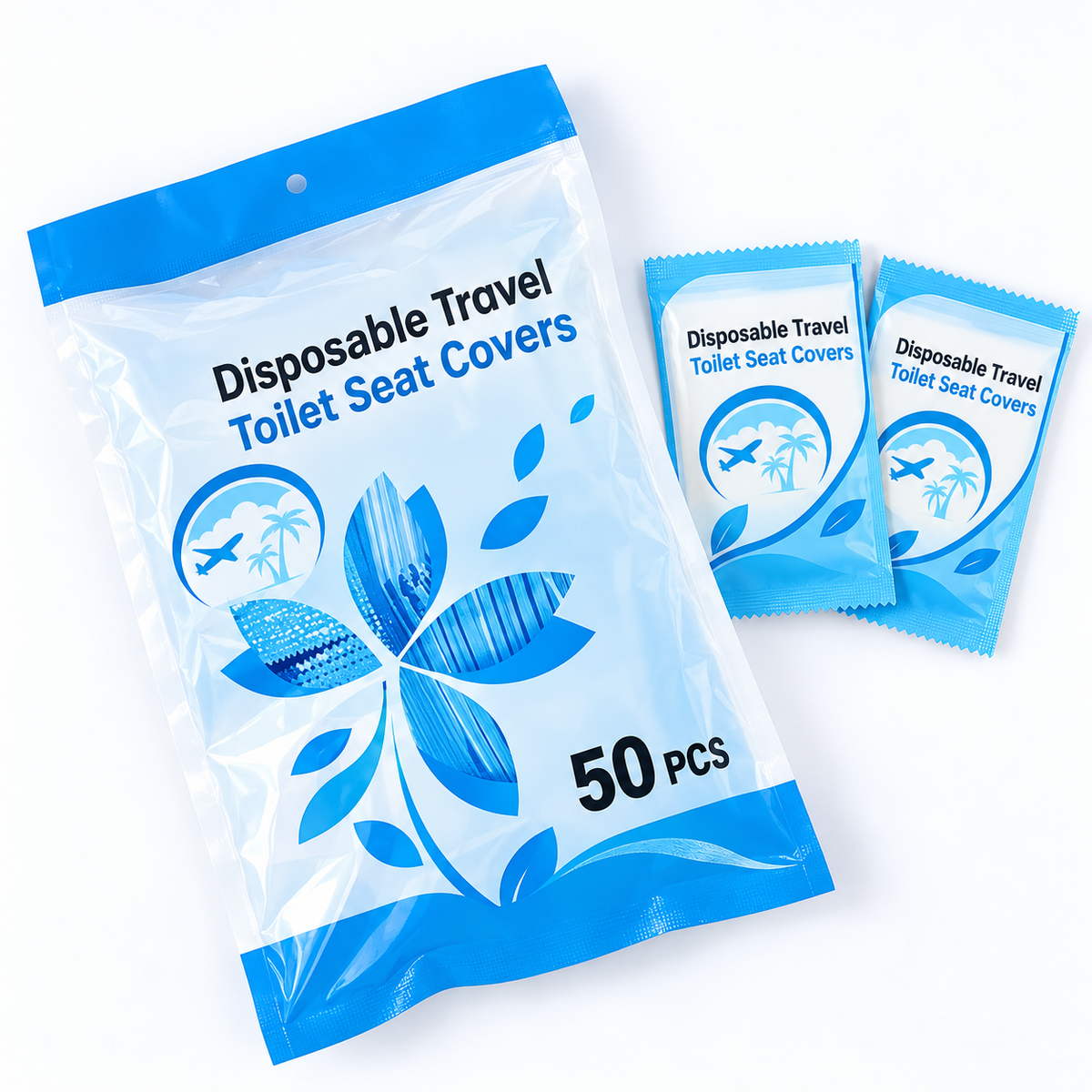 Blue package labeled 50 disposable travel toilet seat covers beside two smaller packets