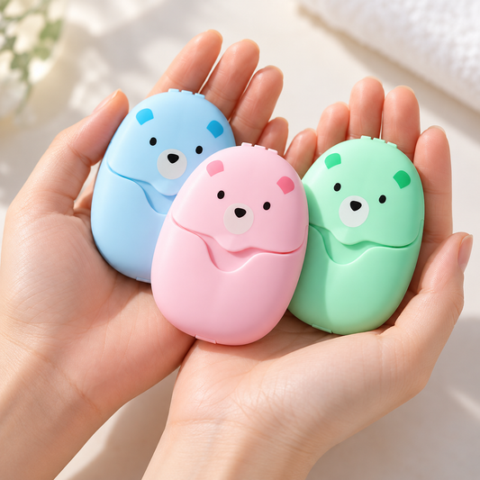 Hands holding blue, pink and green bear-shaped travel soap sheet cases to show their compact size