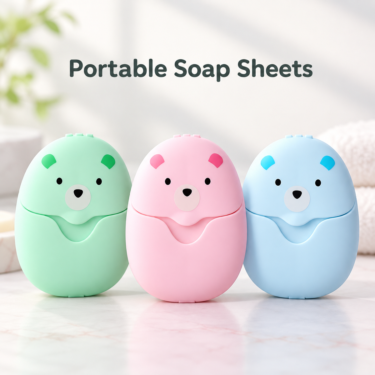 Green, pink and blue portable soap sheet cases with bear faces displayed side by side on a bathroom counter