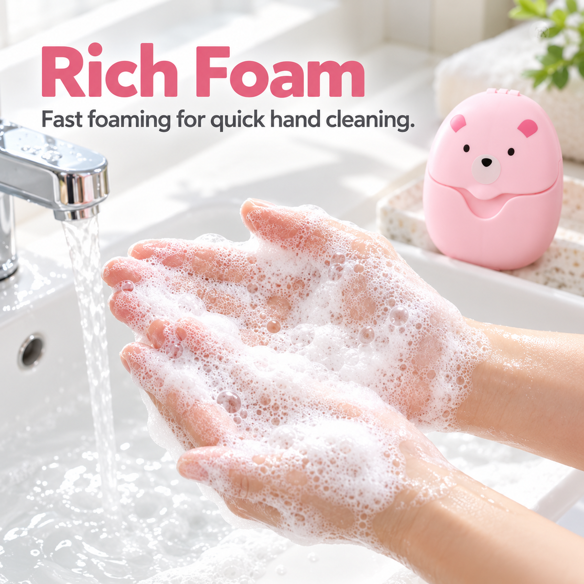 Hands covered in soap lather over a sink, with a pink bear-shaped soap sheet case beside the faucet