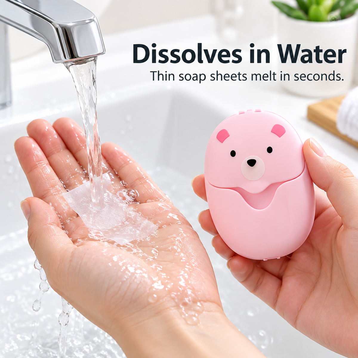 Soap sheet held under running water in one palm while the other hand holds a pink bear-shaped travel case
