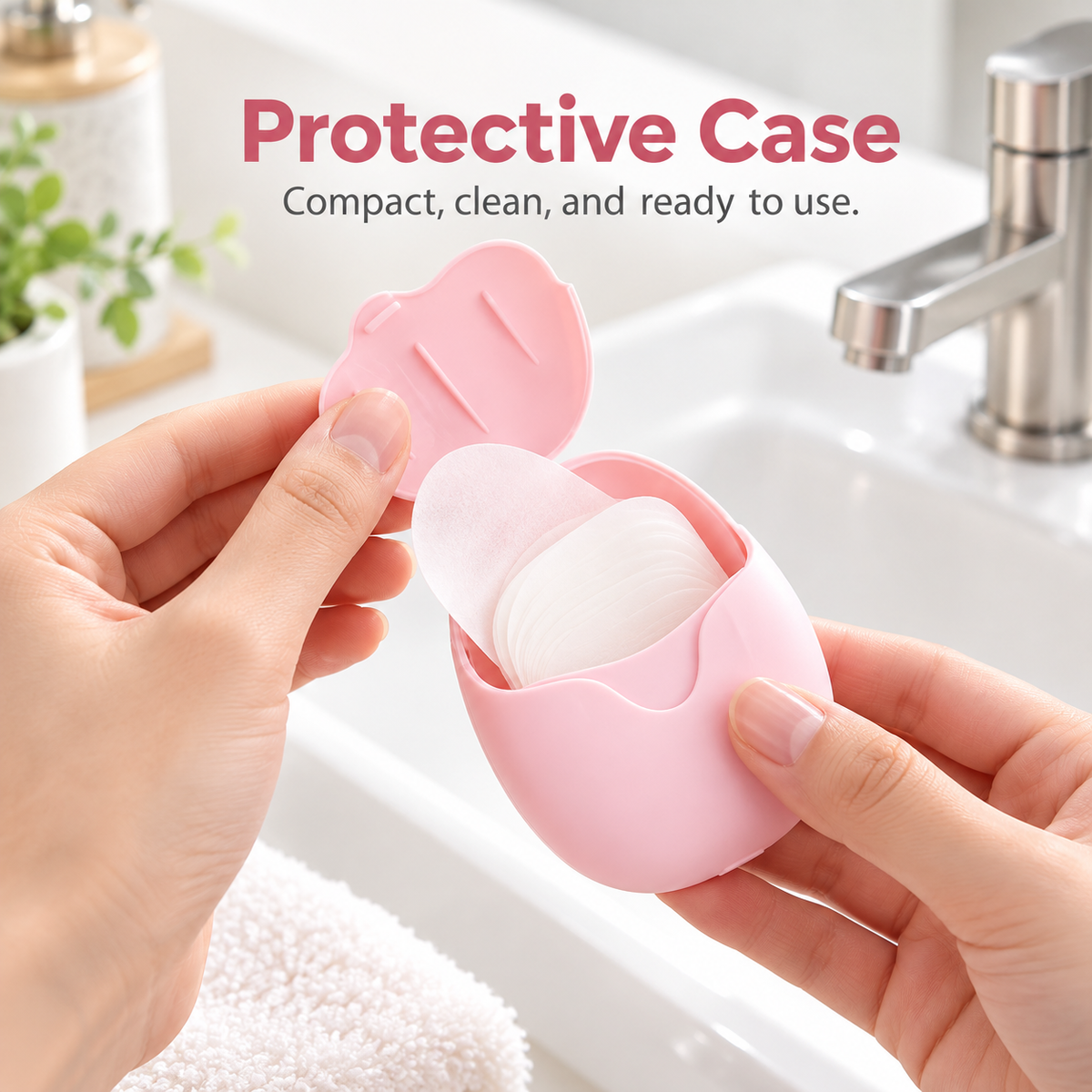 Hands opening a pink travel soap sheet case to reveal a stack of thin white soap sheets inside
