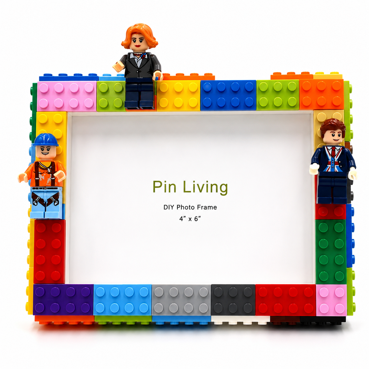 Colorful building block photo frame in landscape orientation with three decorative figures and a 4-by-6-inch insert
