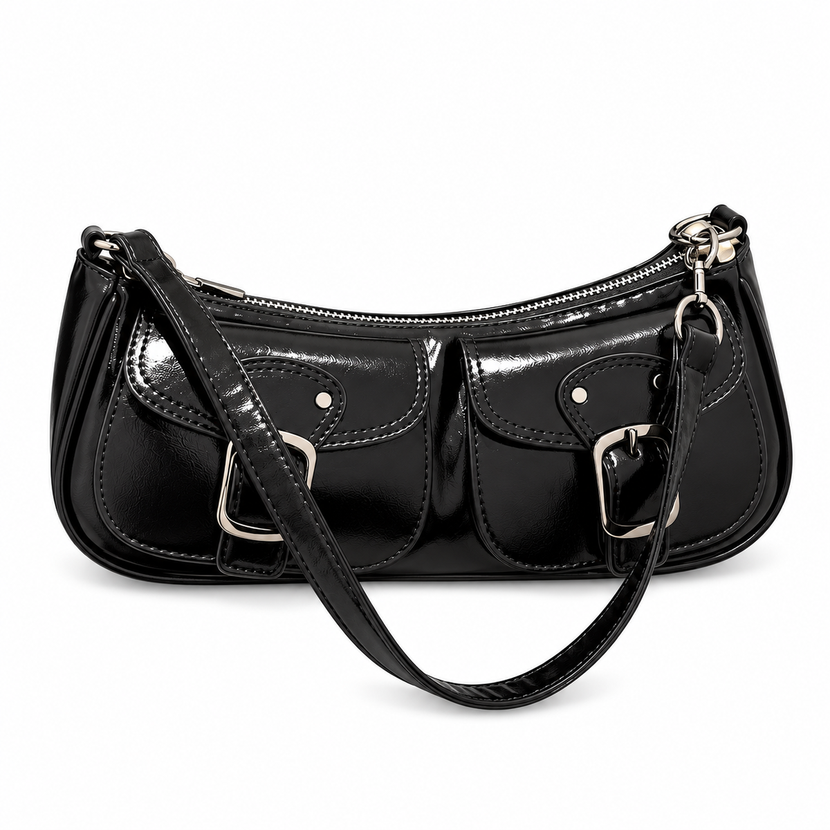 Black PU leather shoulder bag with a glossy finish, twin front buckle details and top zipper on a white background