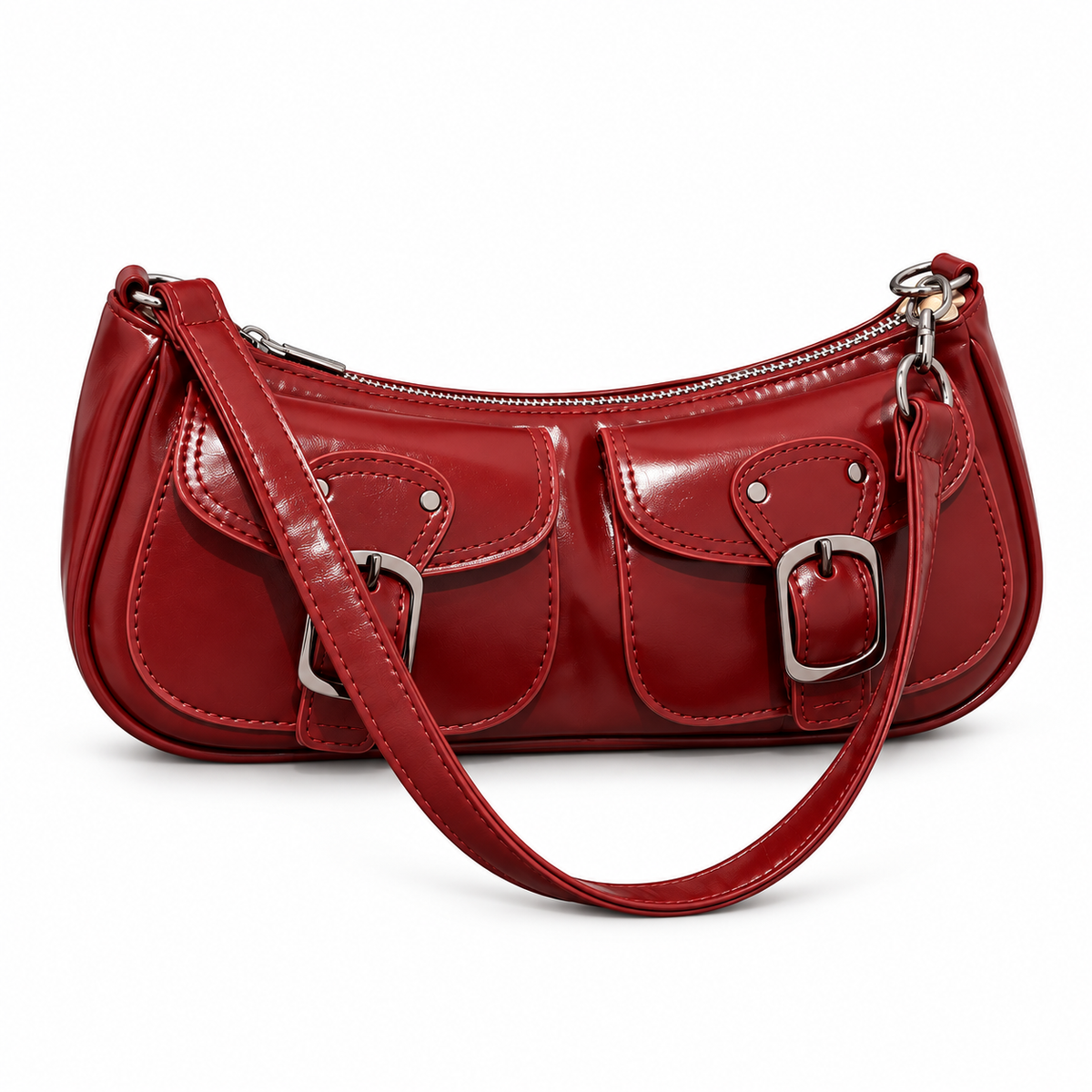 Wine red PU leather shoulder bag with twin front buckle details and a single strap on a white background