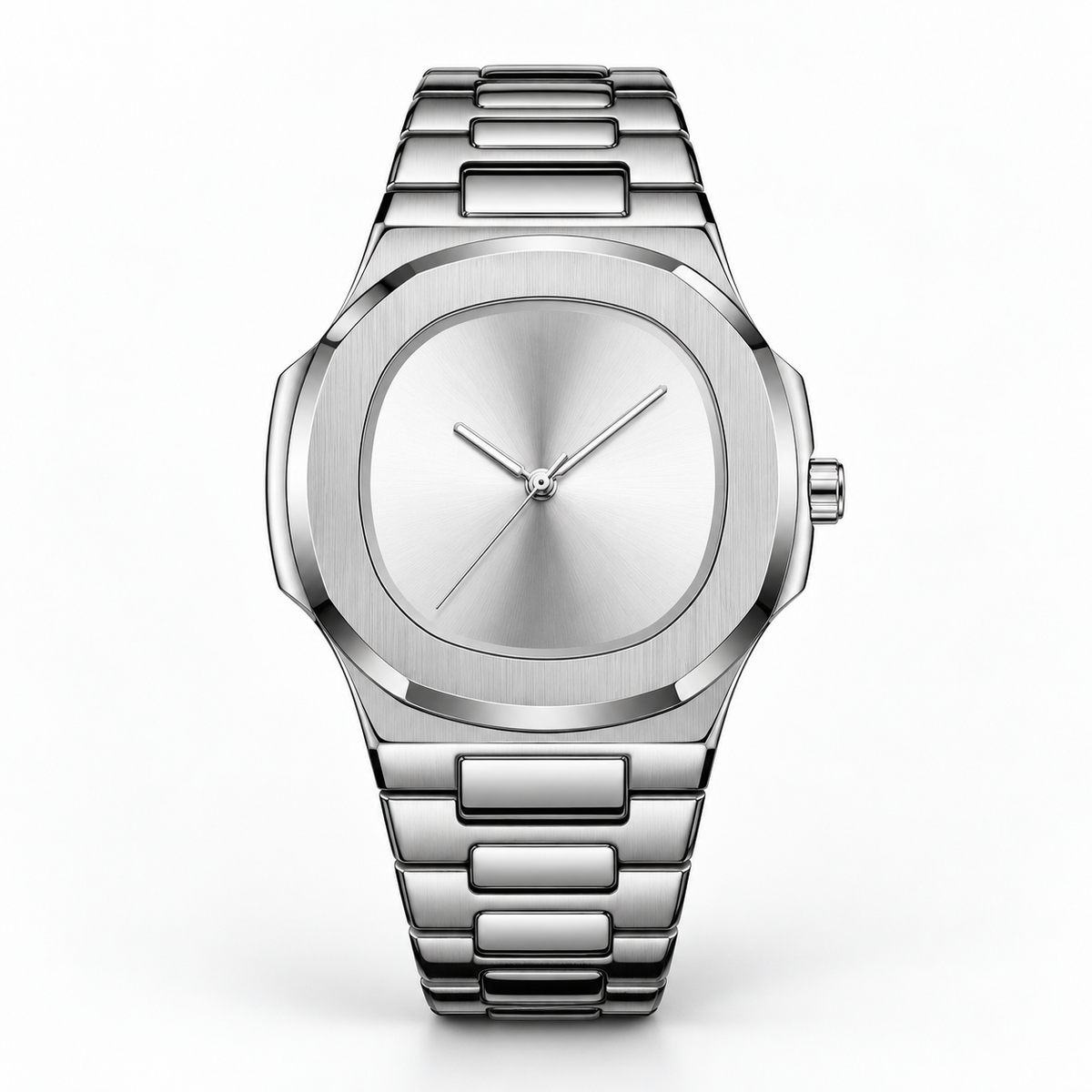 Men's minimalist watch with a silver numberless dial and stainless steel link bracelet, front view on a white background.
