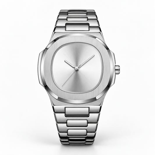 Men's minimalist watch with a silver numberless dial and stainless steel link bracelet, front view on a white background.