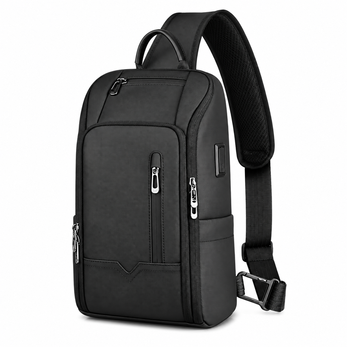 Black Oxford crossbody bag with front zippered pockets, a top handle, a padded shoulder strap and a side USB port