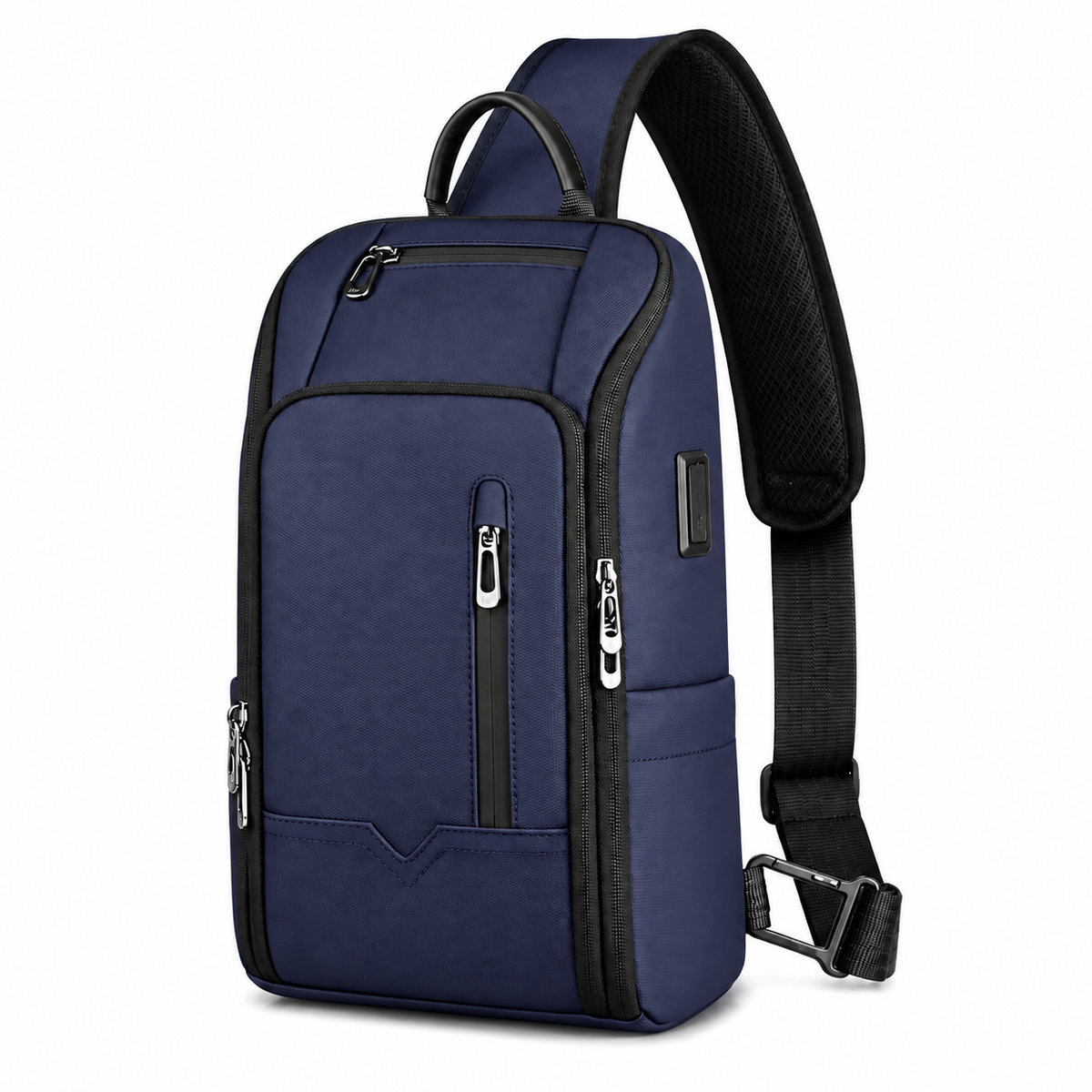 Navy blue Oxford crossbody bag with black trim, front zippered pockets, a top handle and a padded shoulder strap