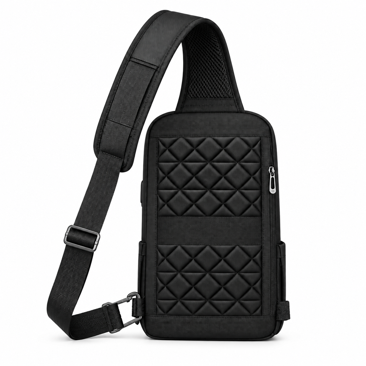 Back of a black crossbody bag showing a quilted padded panel, a zippered pocket and an adjustable strap with a metal clip