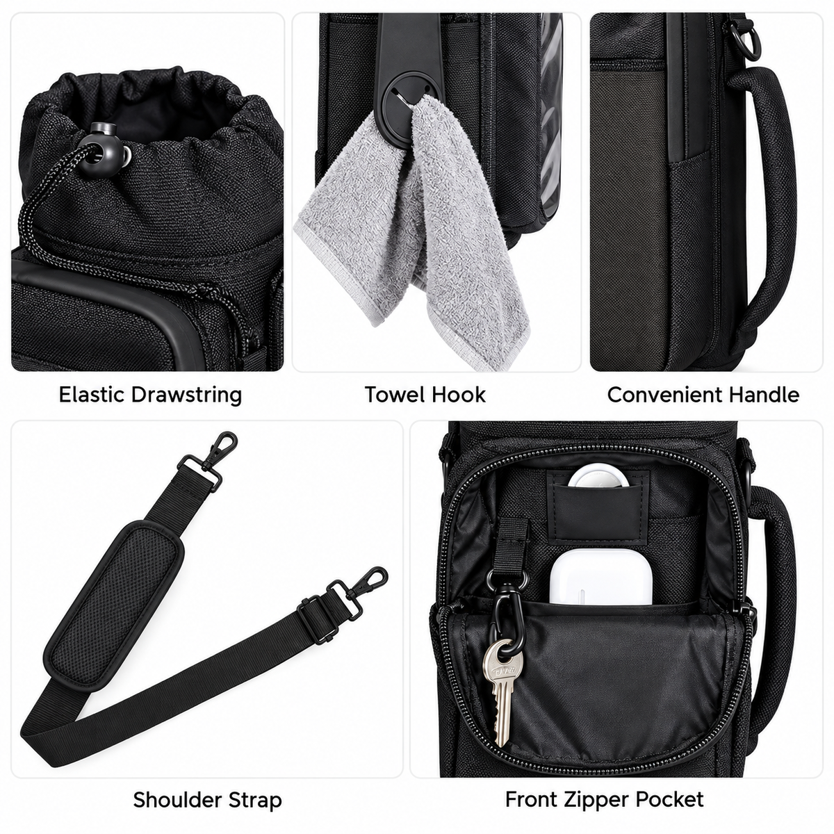 Black magnetic gym bag details showing a drawstring bottle holder, towel holder, carry handle, detachable shoulder strap and front zipper pocket