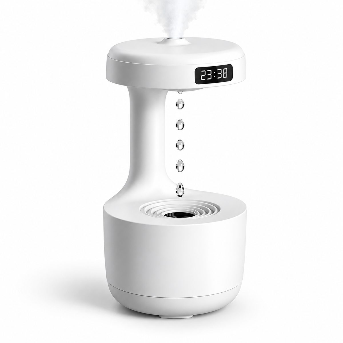 White anti-gravity LED humidifier with mist rising from the top and a floating droplet effect on a white background