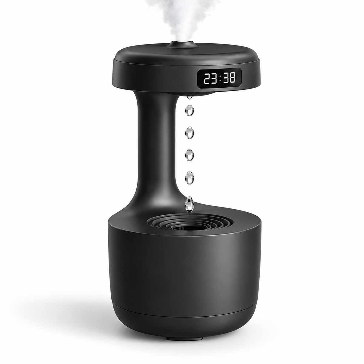 Black anti-gravity LED humidifier with mist rising from the top and a floating droplet effect on a white background