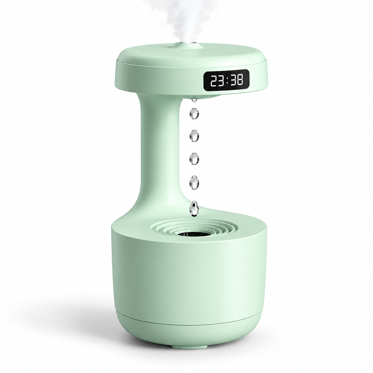 Mint green anti-gravity LED humidifier with mist rising from the top and a floating droplet effect on a white background