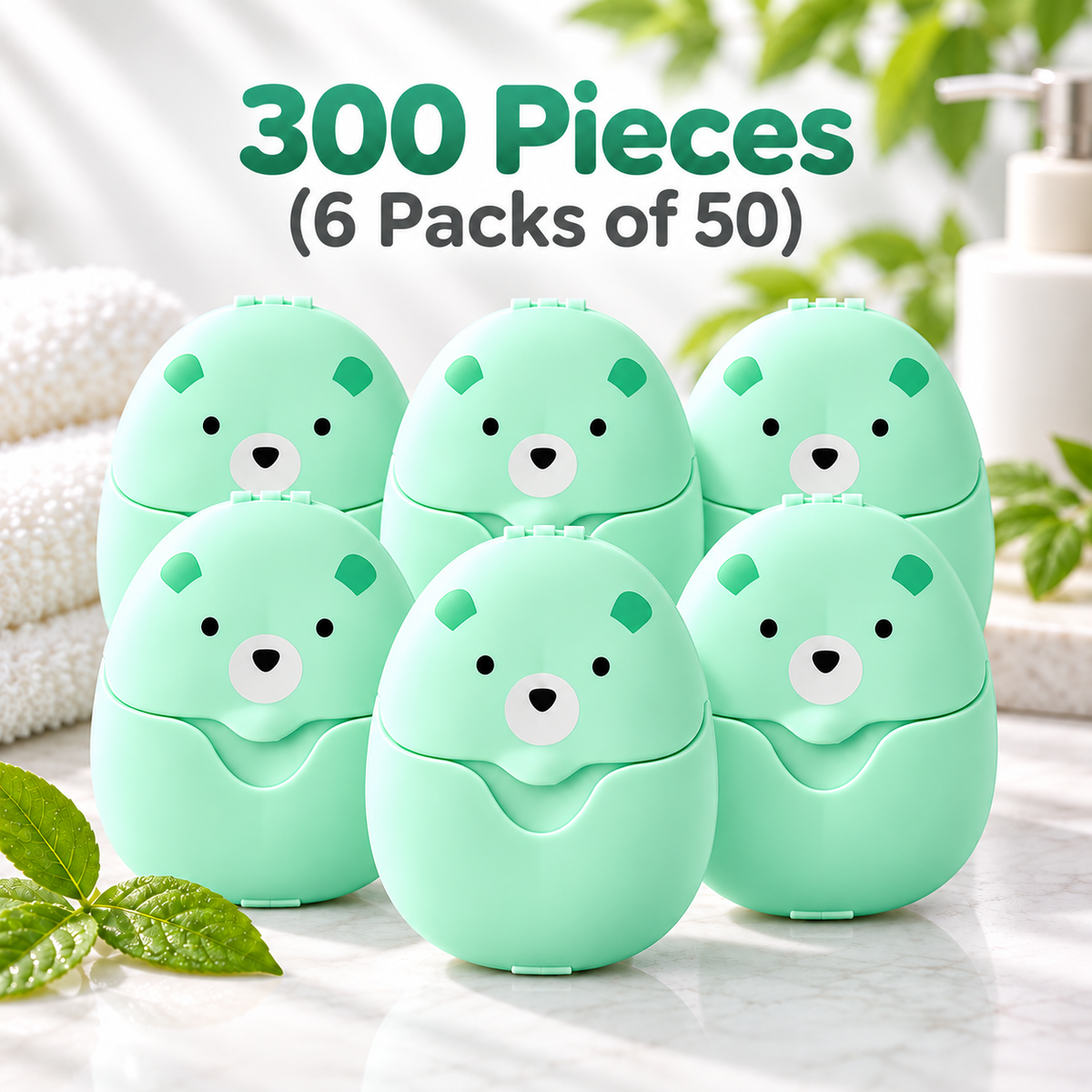 Six green bear-shaped soap sheet cases with text stating 300 sheets total in six packs of 50