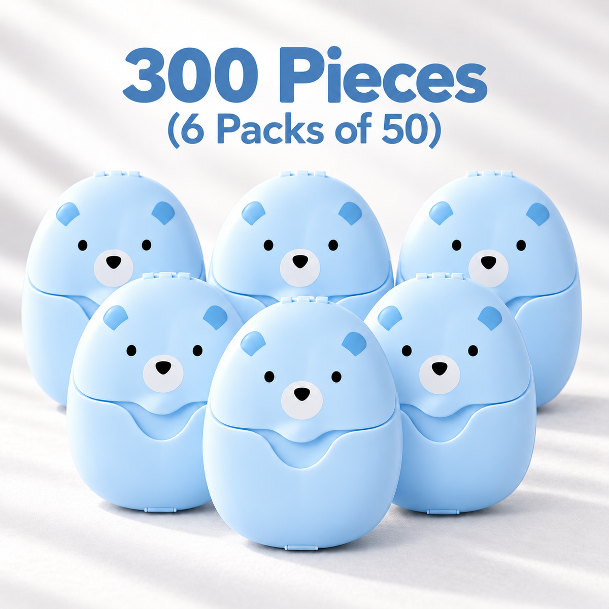 Six blue bear-shaped soap sheet cases with text stating 300 sheets total in six packs of 50