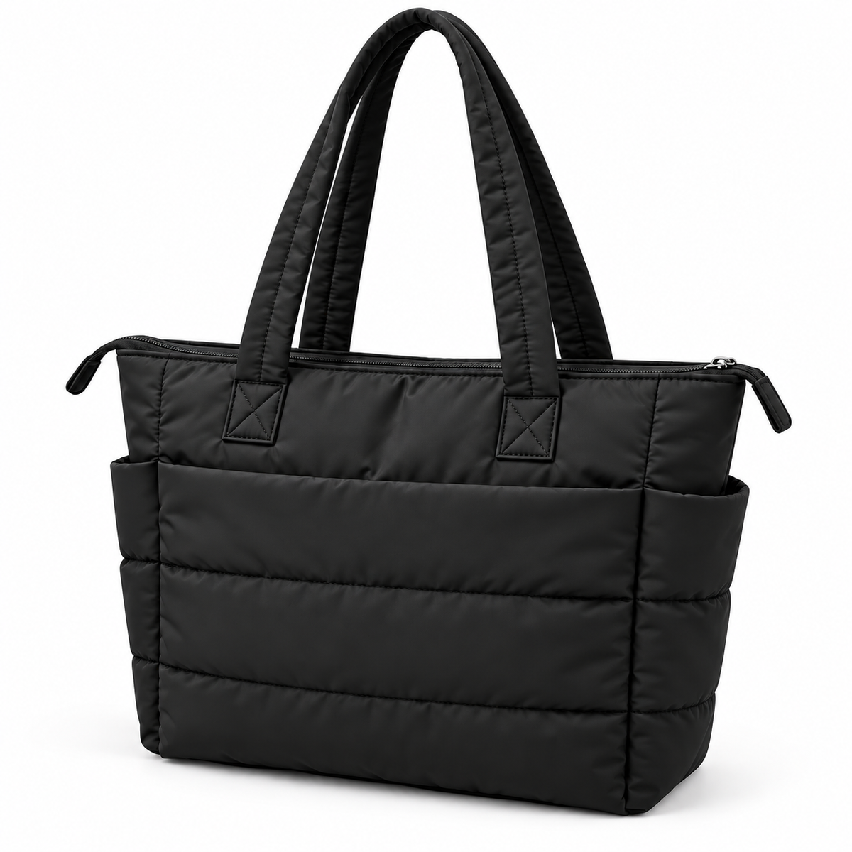 Black quilted nylon tote bag on a white background, showing its top zipper, shoulder straps and exterior pockets