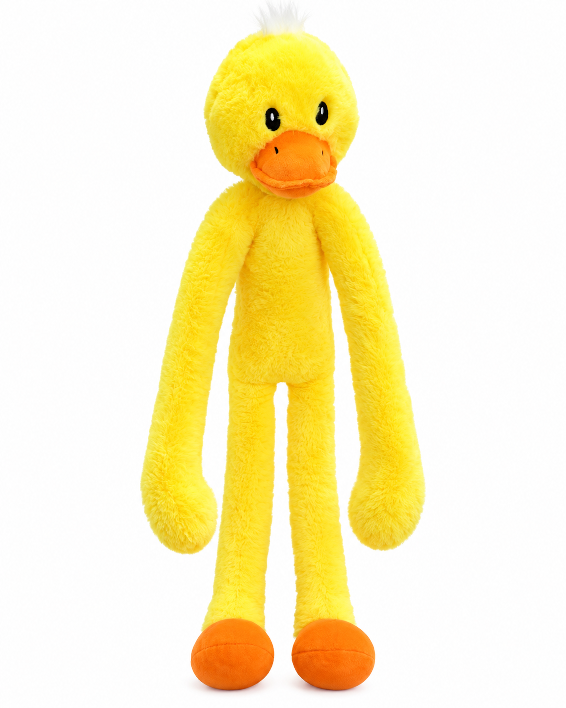 Yellow plush duck dog toy with long arms and legs, an orange beak and orange feet on a white background