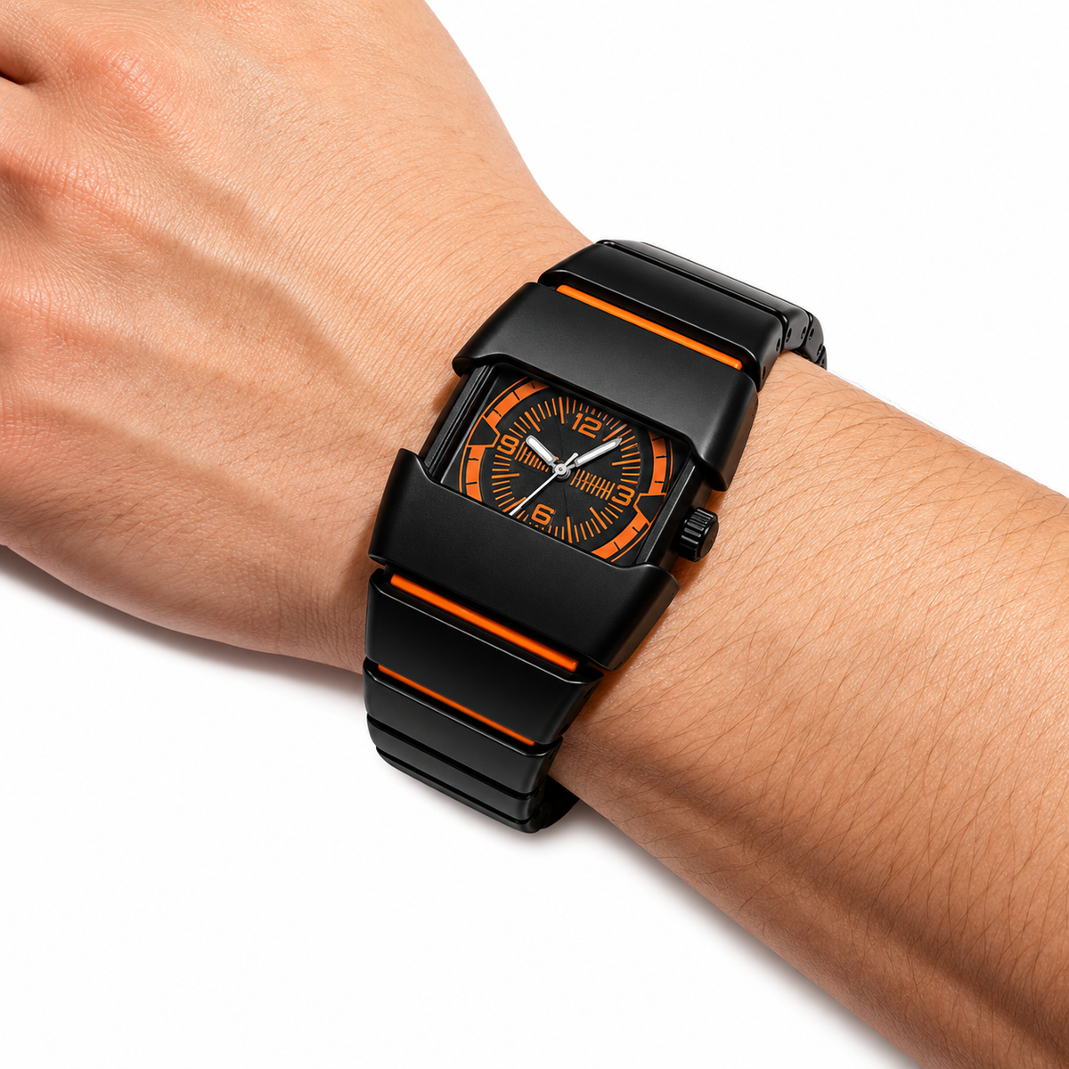Black and orange analog wristwatch worn on a wrist, showing the numbered dial and wide segmented bracelet