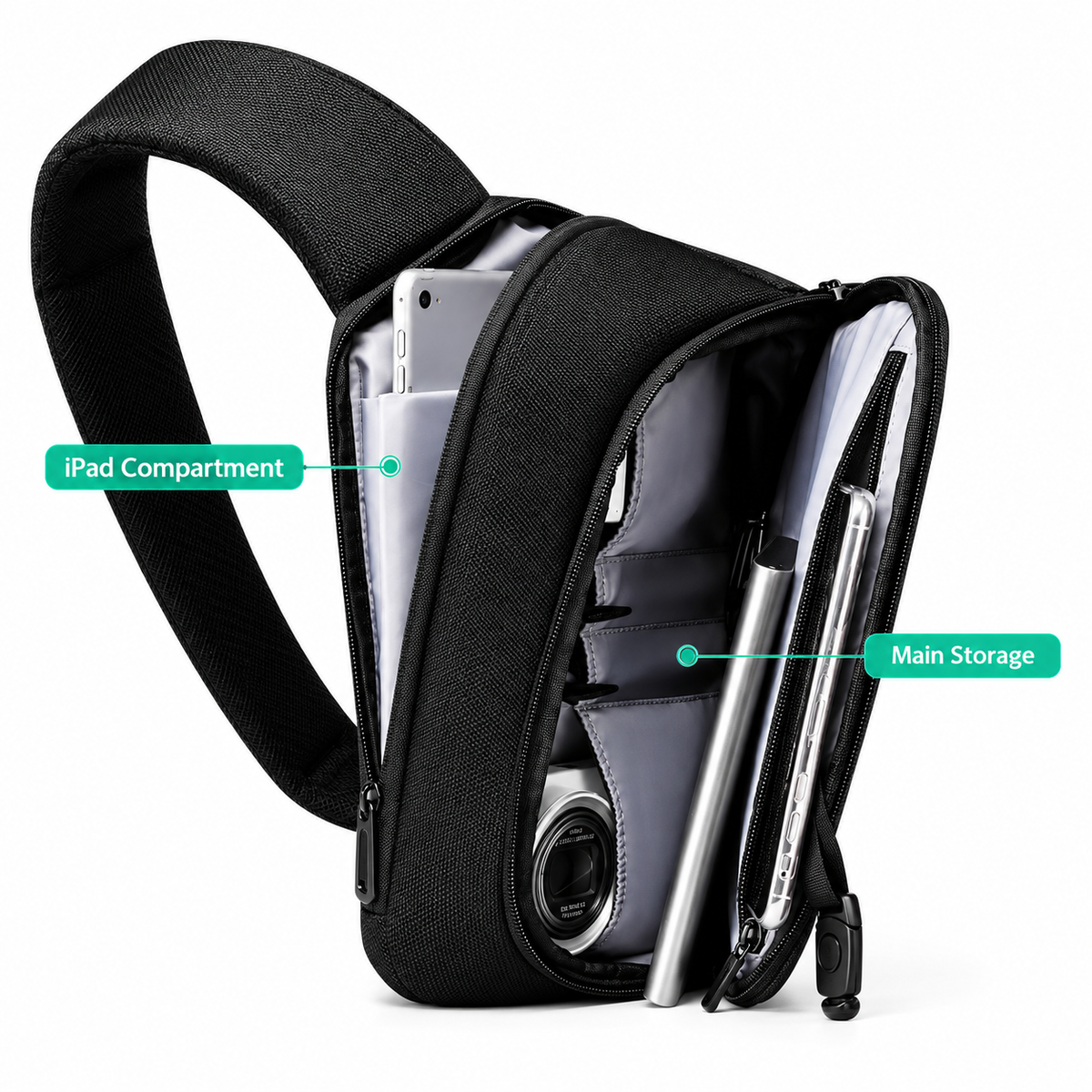 Open black sling bag showing a tablet compartment, phone pocket and main storage area with small accessories