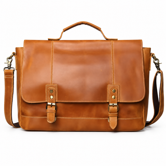 Front view of a tan leather briefcase with twin buckle straps, a top handle and detachable shoulder strap on a white background