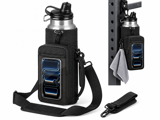 Black magnetic gym bag with a water bottle, clear phone pouch and shoulder strap, also shown attached to a gym rack with a towel