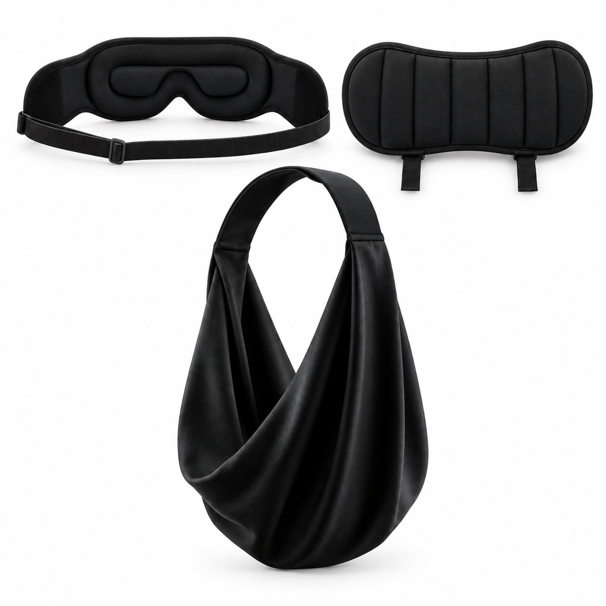 Black travel rest set with an adjustable eye mask, padded headrest support and fabric arm wrap on a white background