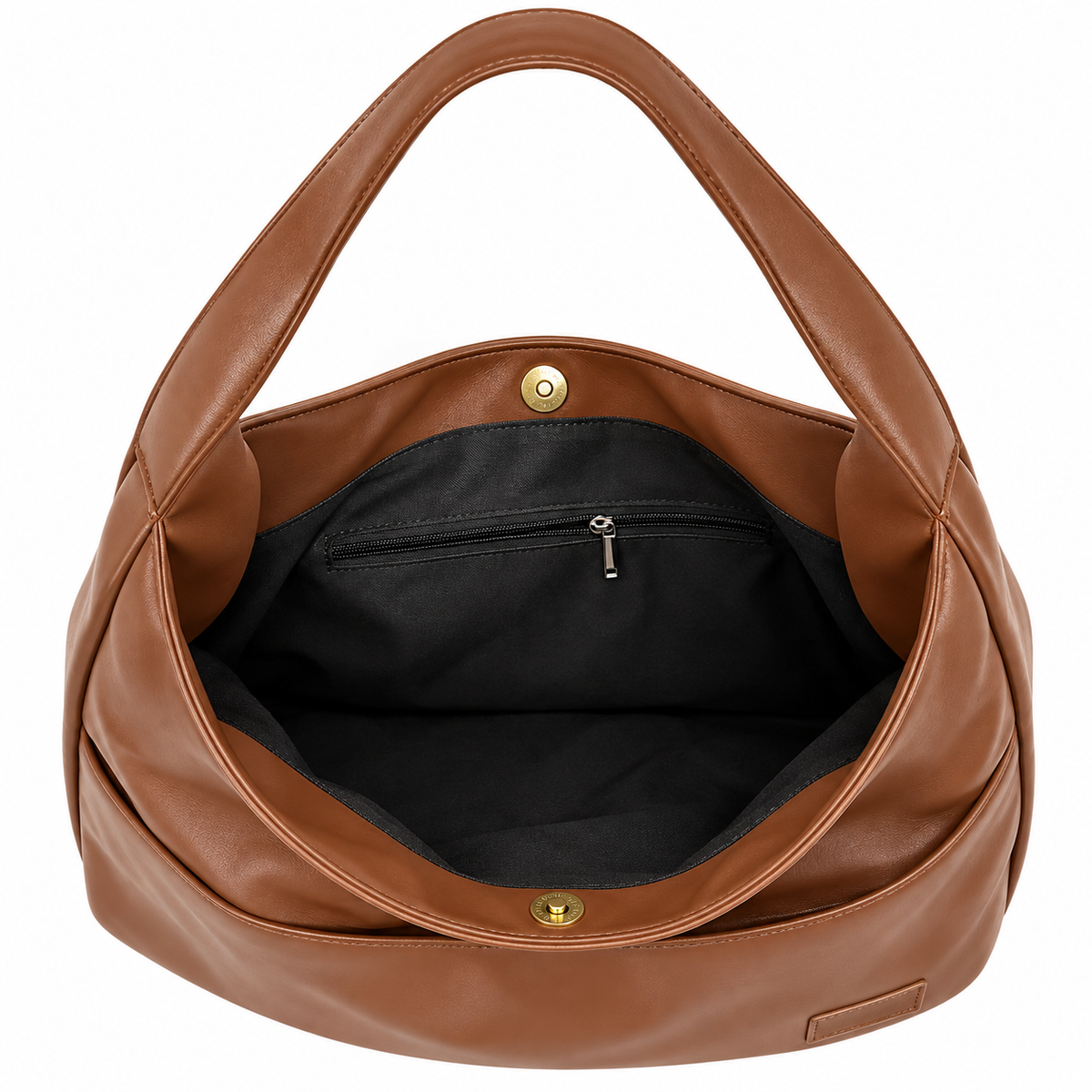 Open brown shoulder bag showing black lining, an interior zipper pocket and a snap-style closure.